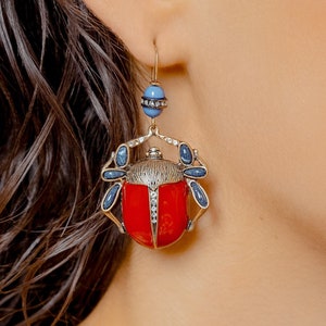 Vintage Style Red Beetle Earrings, Egyptian Scarab Jewelry for Women, Statement Bug Earrings, Unique Beetle Gift