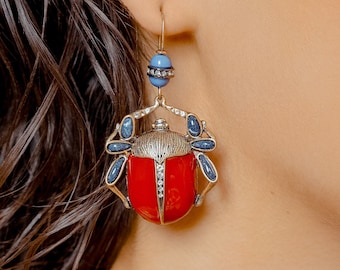 Vintage Style Red Beetle Earrings, Egyptian Scarab Jewelry for Women, Statement Bug Earrings, Unique Beetle Gift