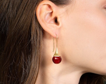 Red Austrian Crystal Teardrop Dangle Earrings, Ruby Water Drop Earrings, Gold Garnet Jewelry for Women