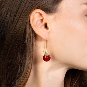 Red Austrian Crystal Teardrop Dangle Earrings, Ruby Water Drop Earrings, Gold Garnet Jewelry for Women image 1