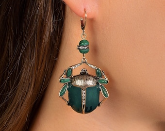 Green Beetle Scarab Earrings, Egyptian Art Deco Jewelry, Vintage Style Insect Dangle Earrings