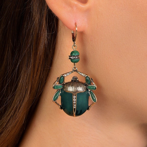 Green Beetle Scarab Earrings, Egyptian Art Deco Jewelry, Vintage Style Insect Dangle Earrings