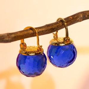 Royal Blue Earrings Dangle, Sapphire Earrings Gold, Deep Blue Earrings, Crystal Earrings Drop, Leverback Sparkly Faceted Sphere Jewelry image 3