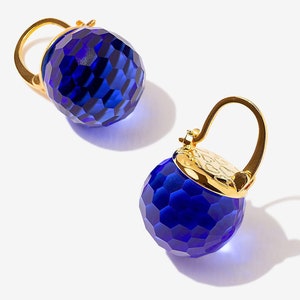 Royal Blue Earrings Dangle, Sapphire Earrings Gold, Deep Blue Earrings, Crystal Earrings Drop, Leverback Sparkly Faceted Sphere Jewelry Gold