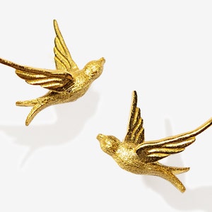 Swallow Earrings, Bird Earrings Gold, Swallow Stud, Swallow Bird Gift, Bird Jewelry for Women, Gold Vermeil Sterling Silver Vintage Earrings