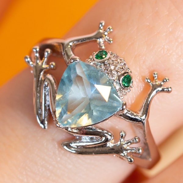 Aquamarine Ring, Silver Plated Frog Ring, Cute Toad Animal Jewelry, Triangle Cut Blue CZ Ring, Sparkly and Adjustable, Unique Fun Jewelry