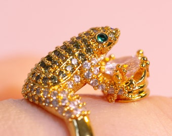 Gold Frog Ring with Cubic Zirconia Stones, Adjustable Ring