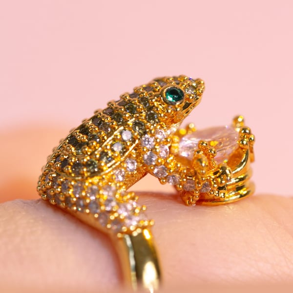 Gold Frog Ring with Cubic Zirconia Stones, Adjustable Ring