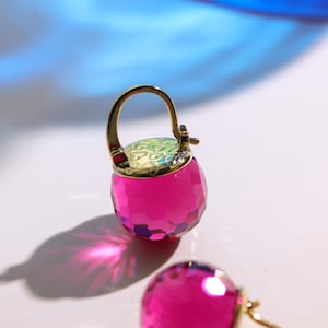 Pink Tourmaline Crystal Earrings, Fuchsia Dangle Earrings, Austrian Crystal Ball Jewelry for Women, Sparkling Earrings image 1