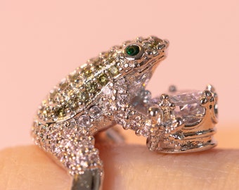 Silver Frog Ring, Crown Ring with Cubic Zirconia Stones, Adjustable Frog Prince Ring