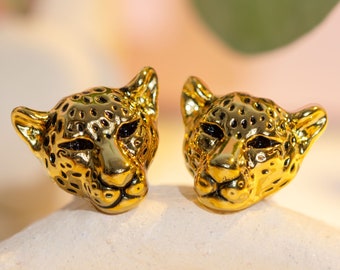 Jaguar Gold Stud Earrings, Vintage Style Leopard Earrings, Panther Jewelry