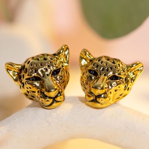 Jaguar Gold Stud Earrings, Vintage Style Leopard Earrings, Panther Jewelry