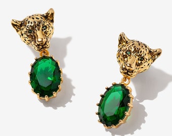 Emerald Statement Earrings, Leopard Earrings Gold, Green Earrings Gold, Jaguar Earrings, Animal Earring for Women, Emerald Jewelry for Women