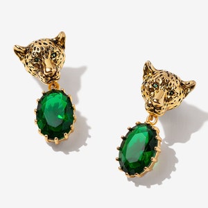 Emerald Statement Earrings, Leopard Earrings Gold, Green Earrings Gold, Jaguar Earrings, Animal Earring for Women, Emerald Jewelry for Women