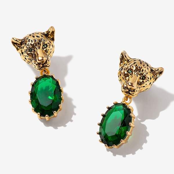 Emerald Statement Earrings, Leopard Earrings Gold, Green Earrings Gold, Jaguar Earrings, Animal Earring for Women, Emerald Jewelry for Women