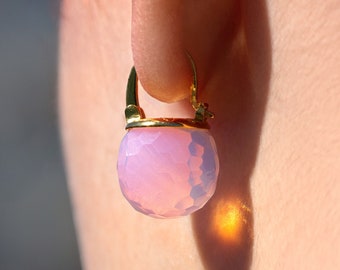 Rose Quartz Earrings, Opal Pink Crystal Ball Dangle, Barbie Earrings, Faceted Leverback Gold Plated Jewelry for Women