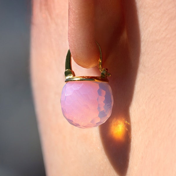 Rose Quartz Earrings, Opal Pink Crystal Ball Dangle, Barbie Earrings, Faceted Leverback Gold Plated Jewelry for Women