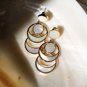 Moon Earrings Dangle, Mother of Pearl Earrings Gold, White Shell Earring Drop, Geometric Statement Earrings, Unique Celestial Jewelry Gift image 5