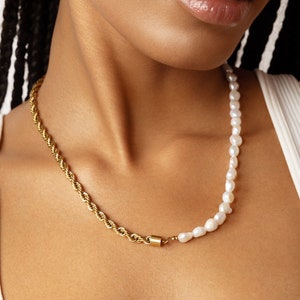 Half Pearl Half Chain Necklace, 18K Gold Plated Stainless Steel Twisted Rope Chain, Freshwater Pearl Stack Necklace Gift for Women