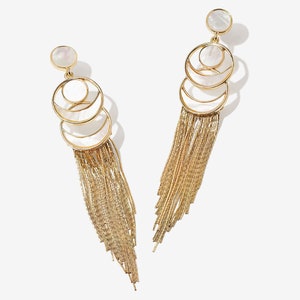 Chic Bridal Gold Tassel Earrings, Geometric Fringe Earrings, Long Statement Earrings with Chain, Wedding Gift for Women