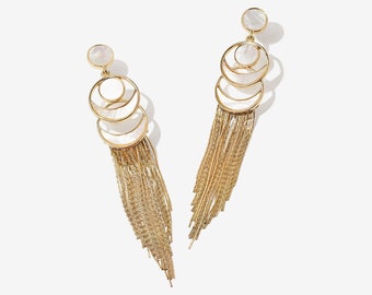 Chic Bridal Gold Tassel Earrings, Geometric Fringe Earrings, Long Statement Earrings with Chain, Wedding Gift for Women