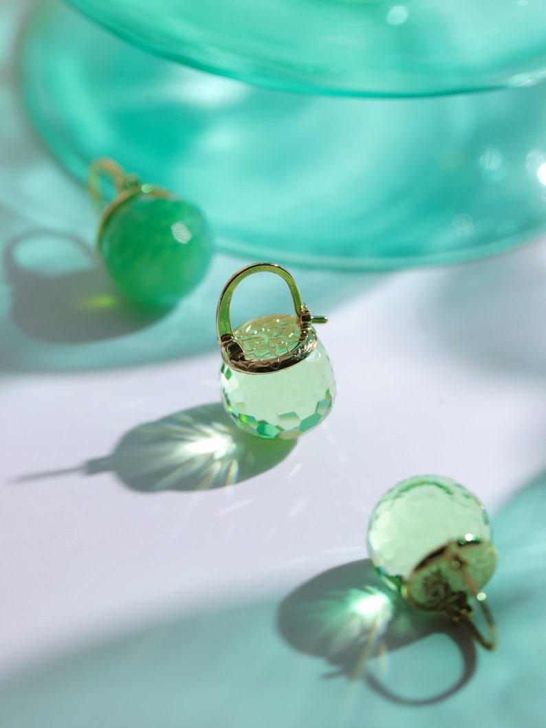 Mint Green Dangle Earrings, Peridot Austrian Crystal Ball, Sparkly Sphere Gold Lever Back Earrings, August Birthstone Jewelry for Women image 1