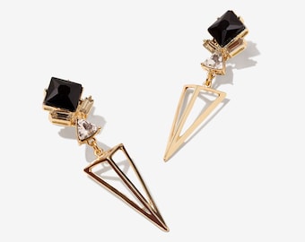 Art Deco Dangle Earrings, Vintage Style Black & Gold Statement Jewelry, 1920s Geometric Wedding Earrings, Retro Gatsby-Inspired Accessories