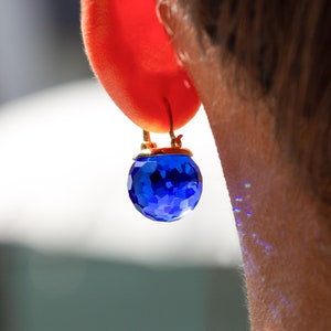 Royal Blue Earrings Dangle, Sapphire Earrings Gold, Deep Blue Earrings, Crystal Earrings Drop, Leverback Sparkly Faceted Sphere Jewelry image 2