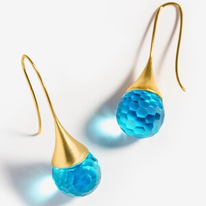 Blue Topaz Teardrop Crystal Earrings Dangle, Sky Blue Water Drop Earrings, Electric Blue Earrings Gold, March Birthstone Jewelry for Women image 6