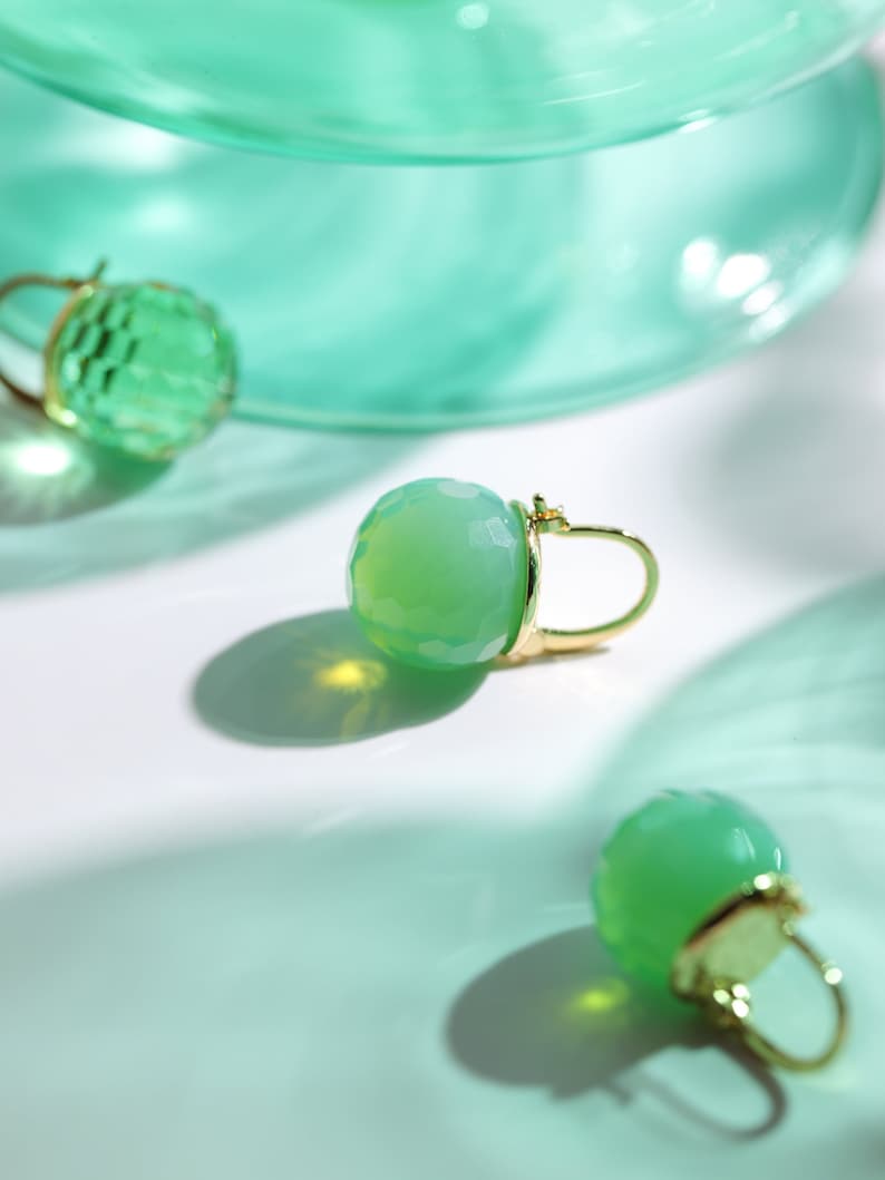 Green Opal Dangle Earrings, Jade Austrian Crystal Ball Earrings, Gold Plated Jewelry Gift for Women image 1