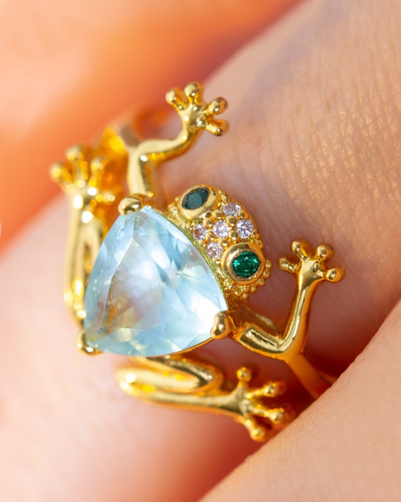 Aquamarine Frog Ring 22k Gold Plated Cute Toad Triangle Cut Blue CZ Ring Adjustable Sparkly Cocktail Ring Unique and Fun Jewelry Etsy