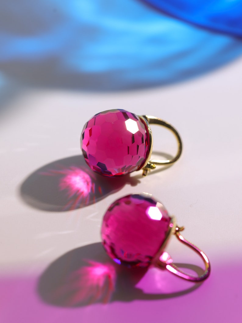 Pink Tourmaline Crystal Earrings, Fuchsia Dangle Earrings, Austrian Crystal Ball Jewelry for Women, Sparkling Earrings image 4