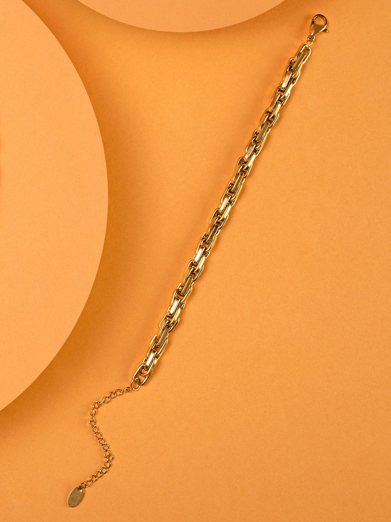 Pulsera de cadena gruesa, cadena de estilo vintage de acero inoxidable chapado en oro de 18 quilates para capas, pulsera gruesa hipoalergénica impermeable para mujer imagen 6