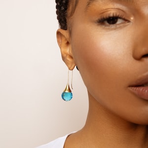 Blue Topaz Teardrop Crystal Earrings Dangle, Sky Blue Water Drop Earrings, Electric Blue Earrings Gold, March Birthstone Jewelry for Women image 4