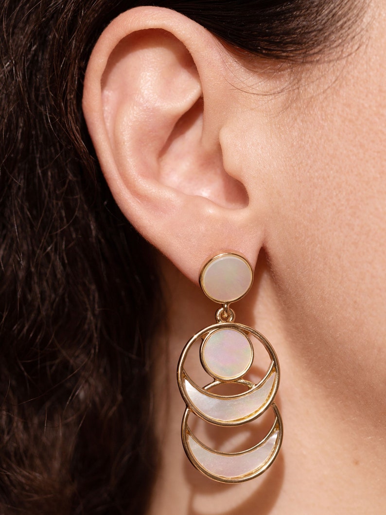 Moon Earrings Dangle, Mother of Pearl Earrings Gold, White Shell Earring Drop, Geometric Statement Earrings, Unique Celestial Jewelry Gift image 4