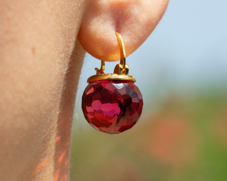 Red Crystal Earrings, Ruby Earrings Dangle, Garnet Drop Earrings, Faceted Crystal, Gold Lever Back, July Birthstone Jewelry image 2