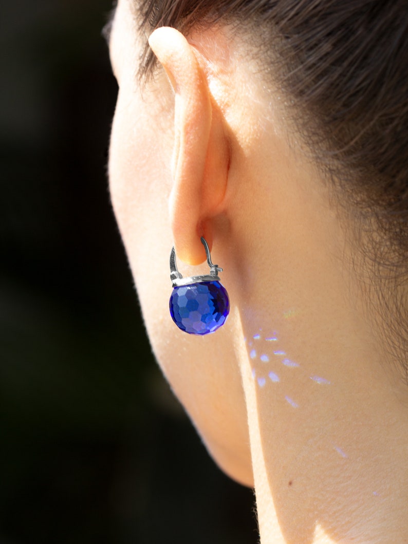 Sphere Crystal Earrings, Sparkling Crystal Dangle Earrings, Sterling Silver Leverback Closure, Dazzling Color Variations Royal Blue