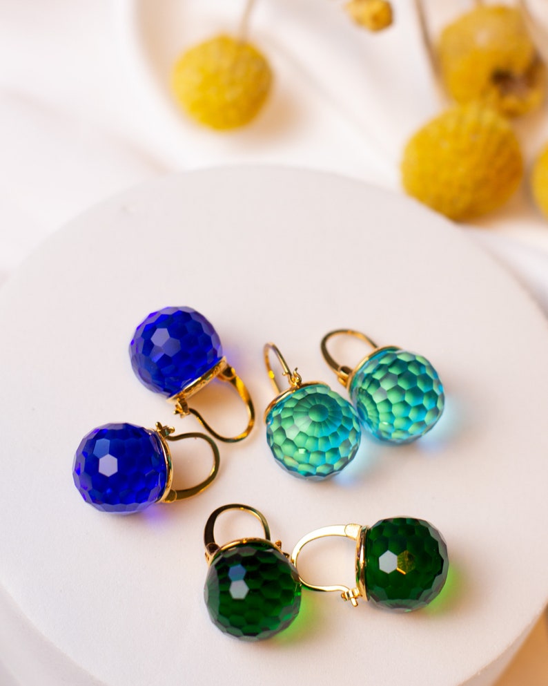 Royal Blue Earrings Dangle, Sapphire Earrings Gold, Deep Blue Earrings, Crystal Earrings Drop, Leverback Sparkly Faceted Sphere Jewelry image 7