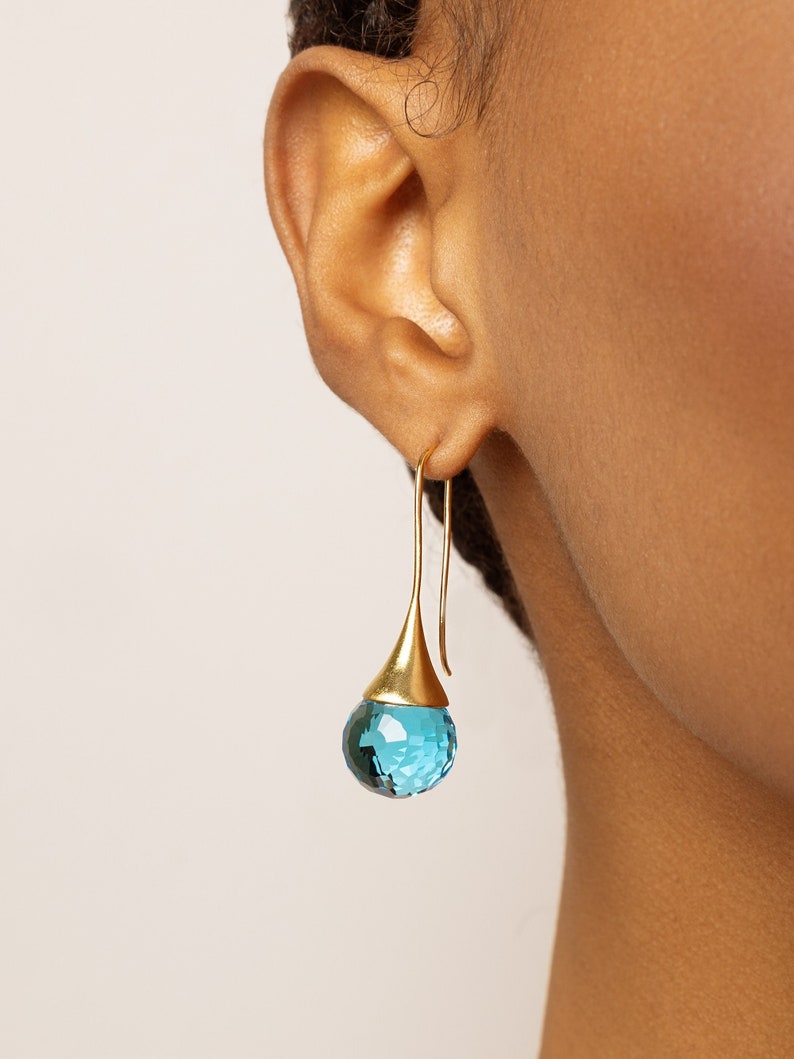 Blue Topaz Teardrop Crystal Earrings Dangle, Sky Blue Water Drop Earrings, Electric Blue Earrings Gold, March Birthstone Jewelry for Women image 3