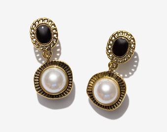 Vintage 80s Style Faux Pearl Dangle Earrings, Black Stone Cabochon Gold Jewelry for Women