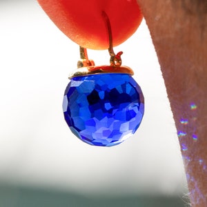 Royal Blue Earrings Dangle, Sapphire Earrings Gold, Deep Blue Earrings, Crystal Earrings Drop, Leverback Sparkly Faceted Sphere Jewelry image 1