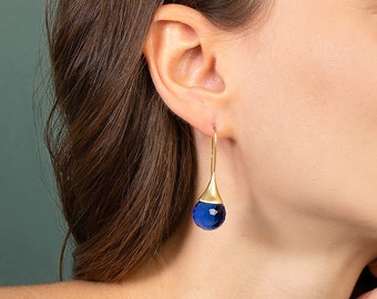 Boucles d'oreilles pendantes en forme de larme en cristal autrichien bleu royal, boucles d'oreilles goutte d'eau couleur saphir, cadeau de bijoux en or scintillant pour femme