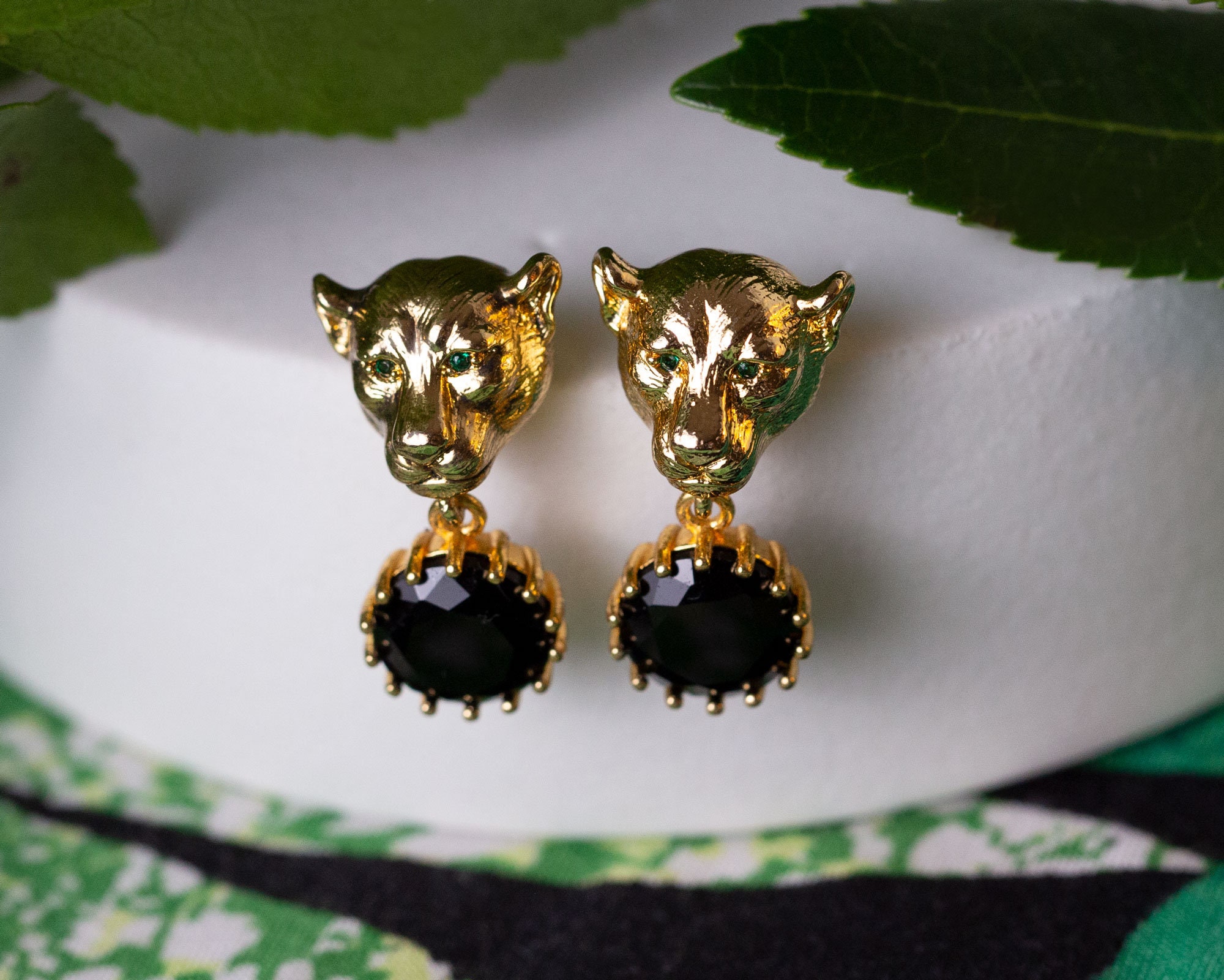 Onyx Earrings, Jaguar Earrings With Black CZ Stones, Vintage