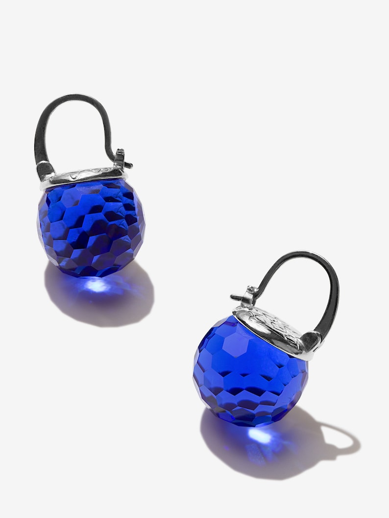 Royal Blue Earrings Dangle, Sapphire Earrings Gold, Deep Blue Earrings, Crystal Earrings Drop, Leverback Sparkly Faceted Sphere Jewelry Silver