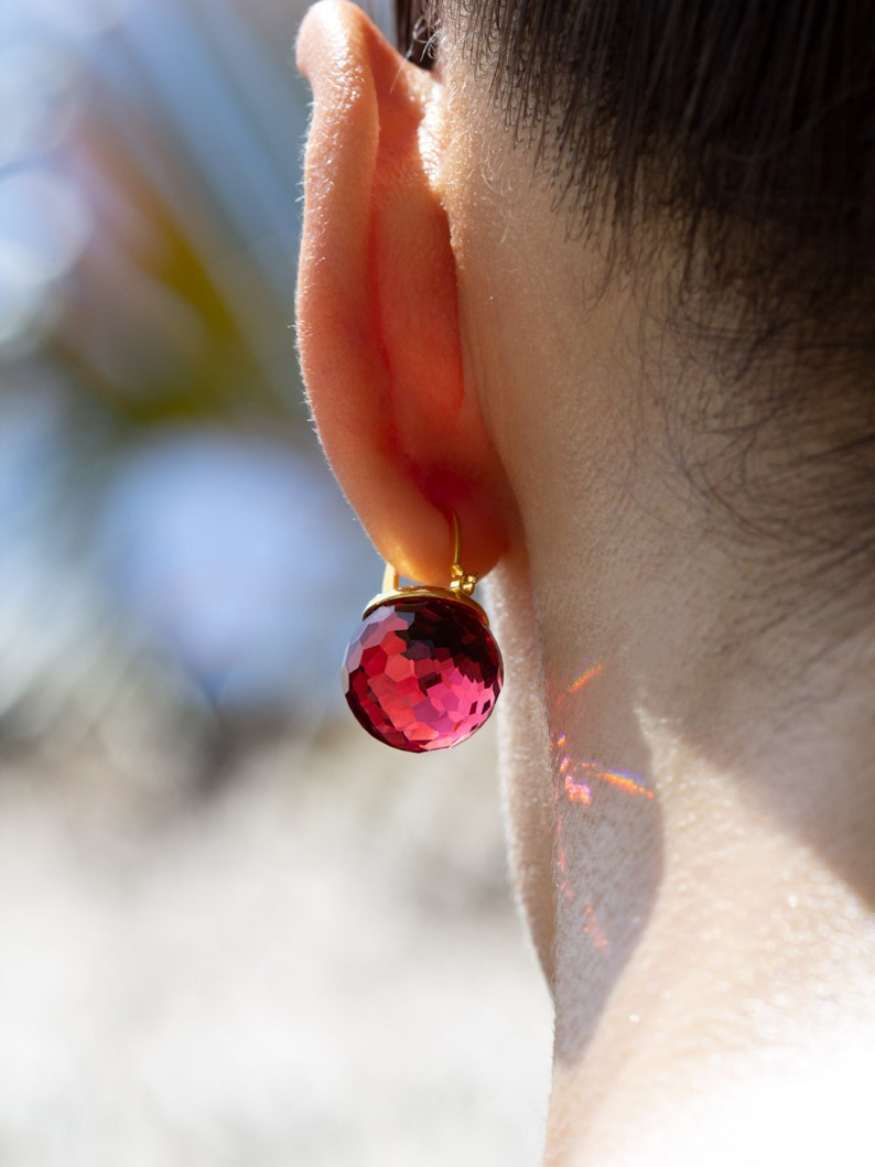 Red Crystal Earrings, Ruby Earrings Dangle, Garnet Drop Earrings, Faceted Crystal, Gold Lever Back, July Birthstone Jewelry image 3