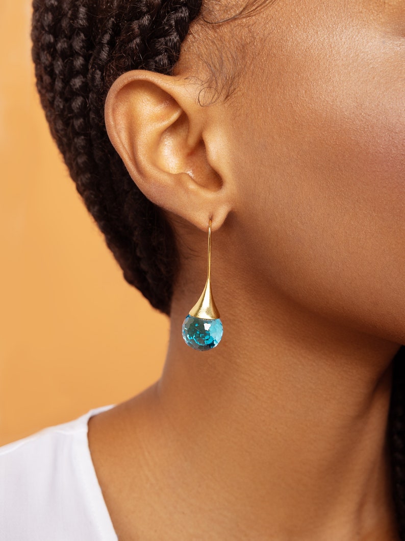Blue Topaz Teardrop Crystal Earrings Dangle, Sky Blue Water Drop Earrings, Electric Blue Earrings Gold, March Birthstone Jewelry for Women image 1