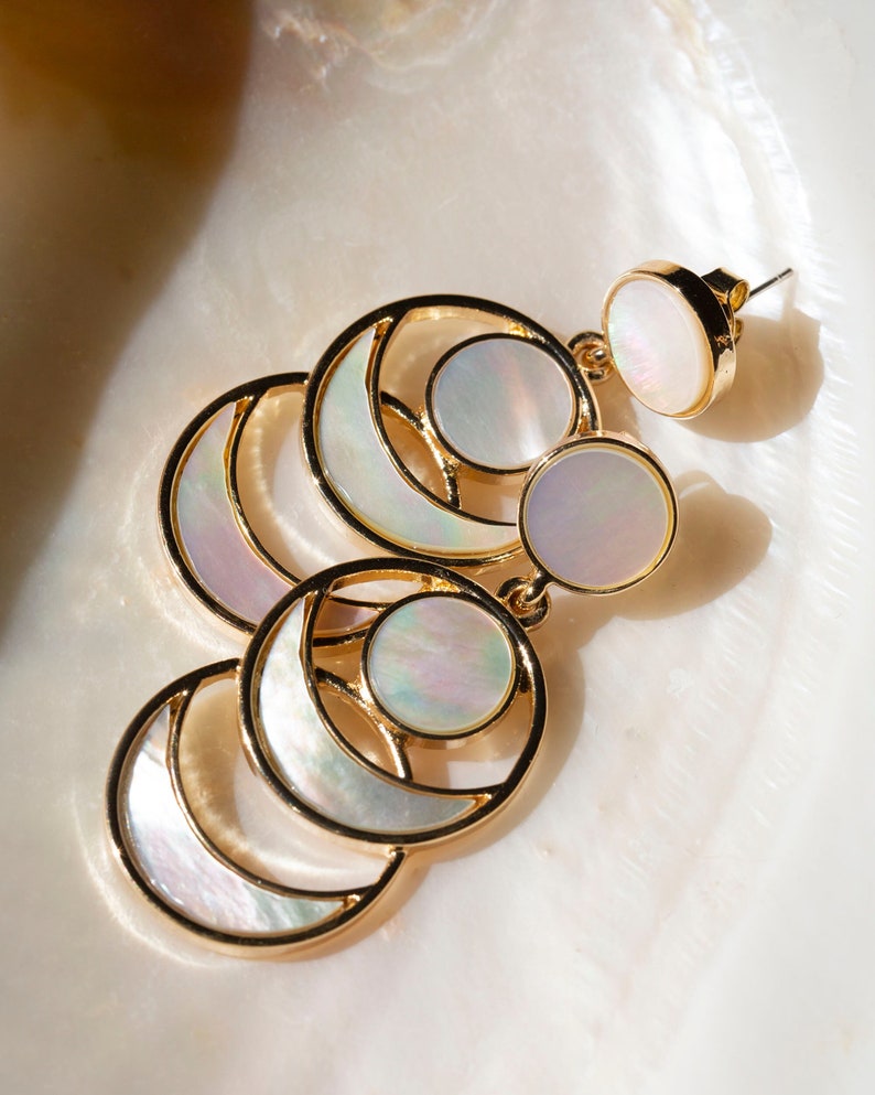 Moon Earrings Dangle, Mother of Pearl Earrings Gold, White Shell Earring Drop, Geometric Statement Earrings, Unique Celestial Jewelry Gift image 6