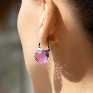 Sphere Crystal Earrings, Sparkling Crystal Dangle Earrings, Sterling Silver Leverback Closure, Dazzling Color Variations Lilac Purple