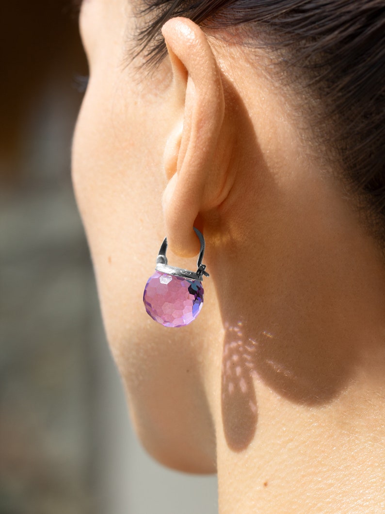 Sphere Crystal Earrings, Sparkling Crystal Dangle Earrings, Sterling Silver Leverback Closure, Dazzling Color Variations Lilac Purple