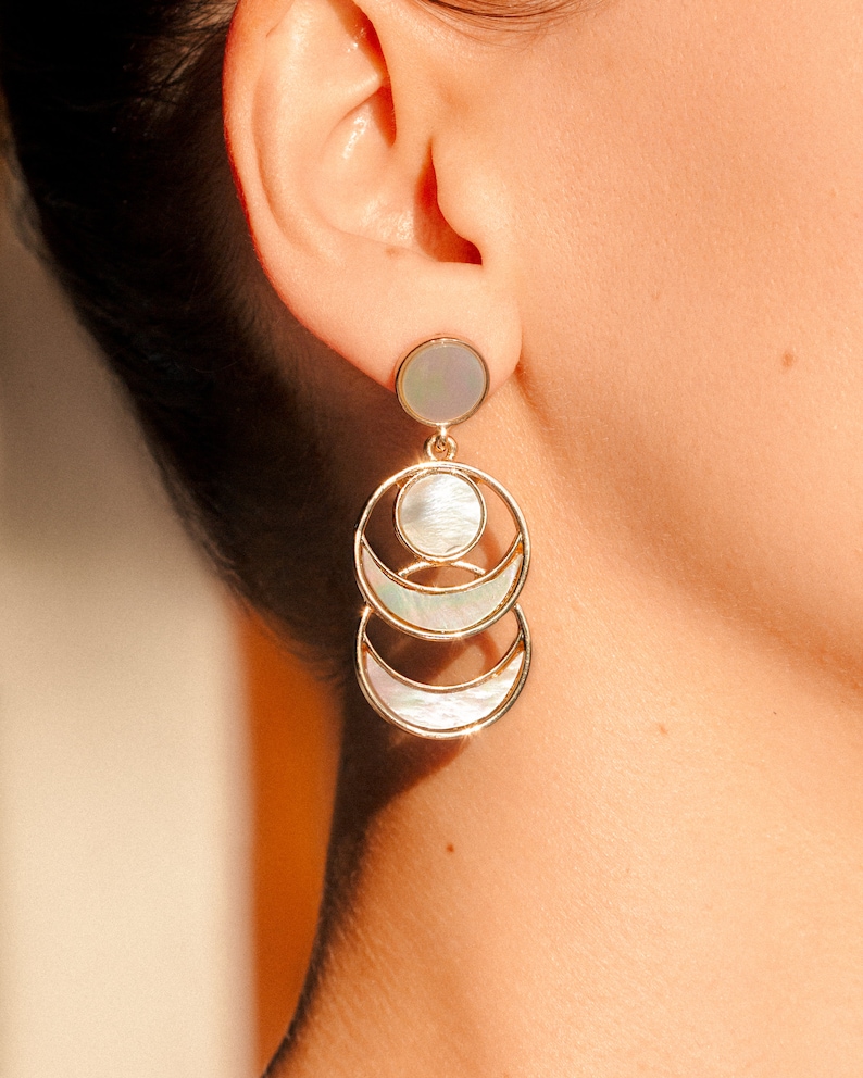 Moon Earrings Dangle, Mother of Pearl Earrings Gold, White Shell Earring Drop, Geometric Statement Earrings, Unique Celestial Jewelry Gift image 3